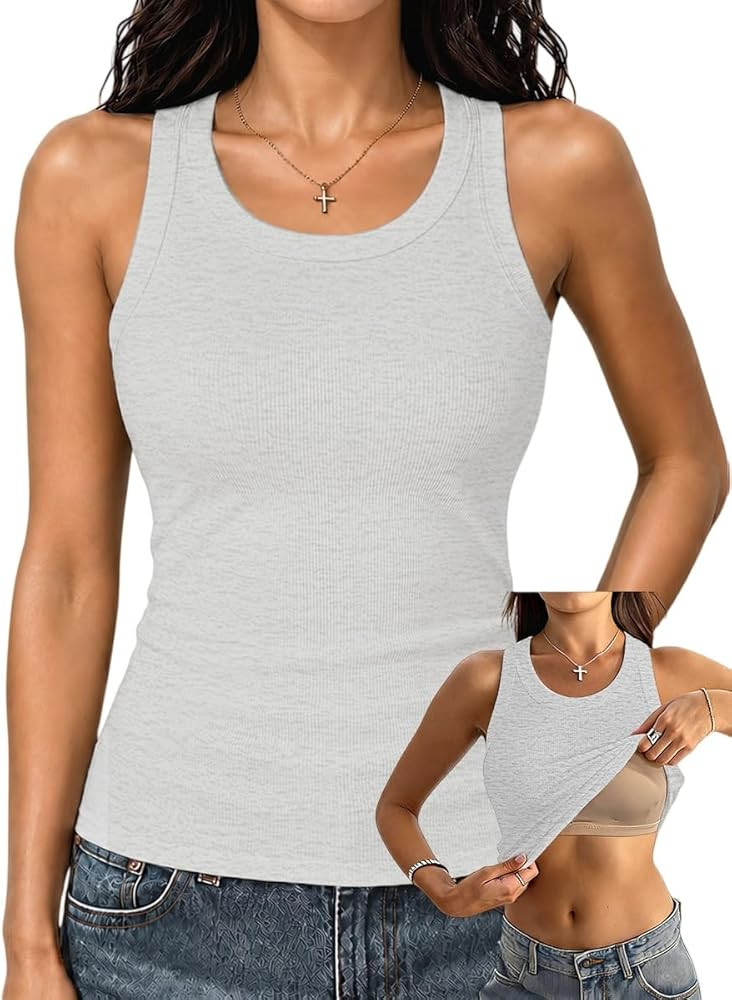 Danysu Racerback Tank Tops with Built in Bra for Women High Neck Ribbed Basics Fitted Long Bra Ta... | Amazon (US)