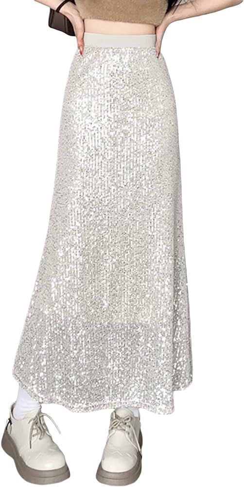 Multitrust Women Sequins Sparkly Long Skirts High Elastic Waist Glitter Sparkle A Line Maxi Skirt... | Amazon (US)