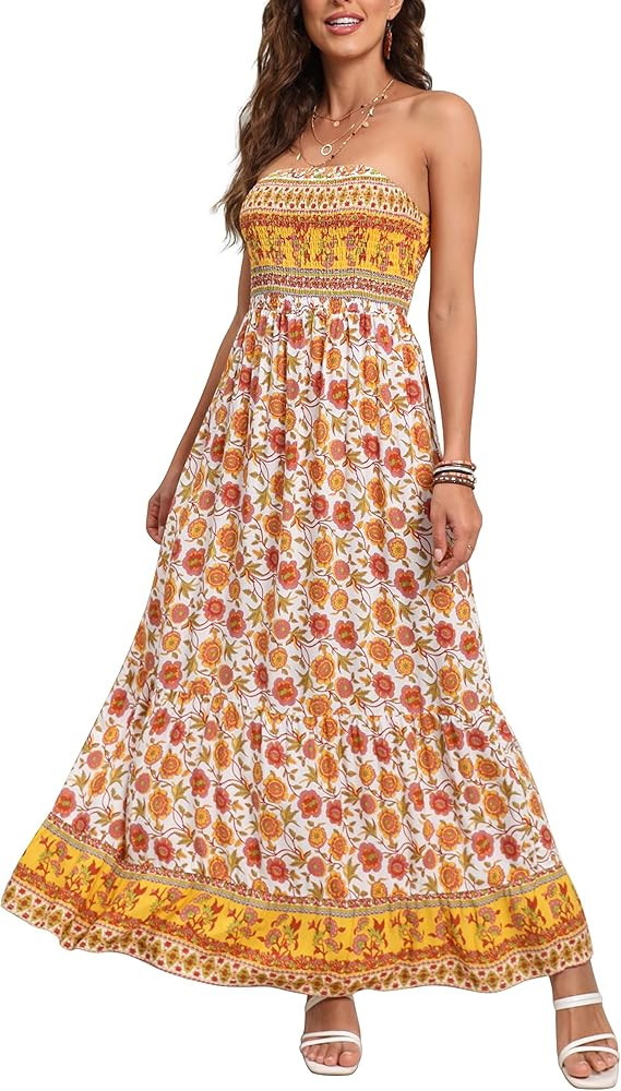 GRECERELLE Women's Summer Boho Strapless Long Maxi Dress Party Casual Tube Dress Off Shoulder Beach  | Amazon (US)