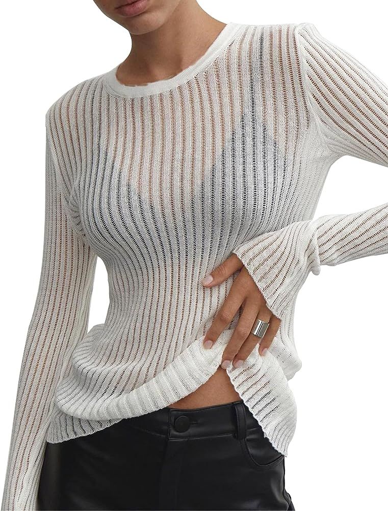 KAMISSY Women See Through Crew Neck Sheer Mesh Knitted Sweater Solid Basic Long Sleeve Loose Fit ... | Amazon (US)