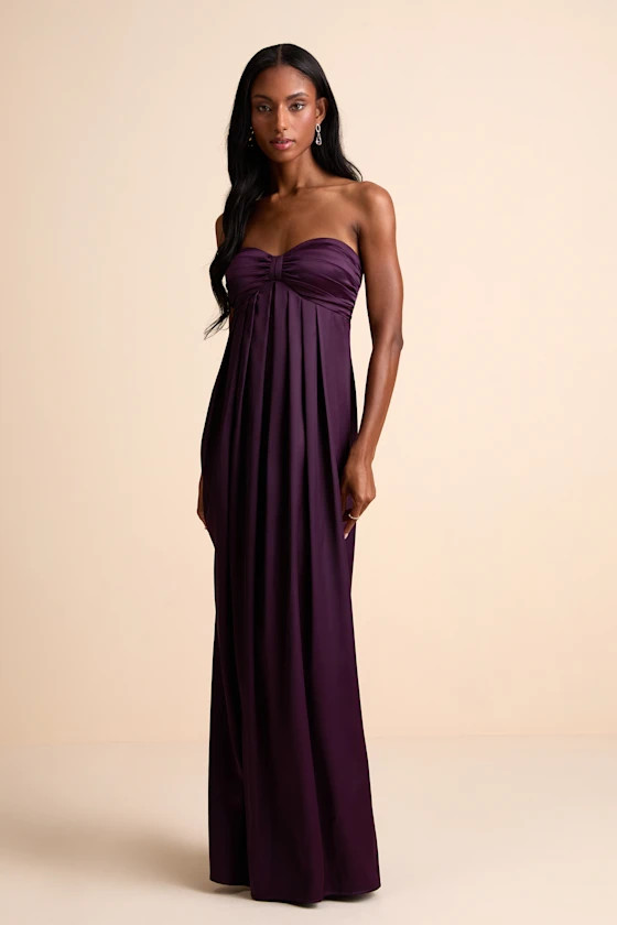 Memorable Entrance Dark Purple Strapless Satin Maxi Dress | Lulus