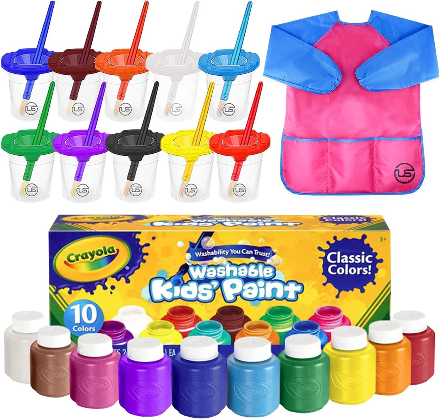 Washable Kids Paint 10 Colors, 10 No Spill Paint Cups For Kids With Lids, 10 Paint Brush Set, Wat... | Amazon (US)