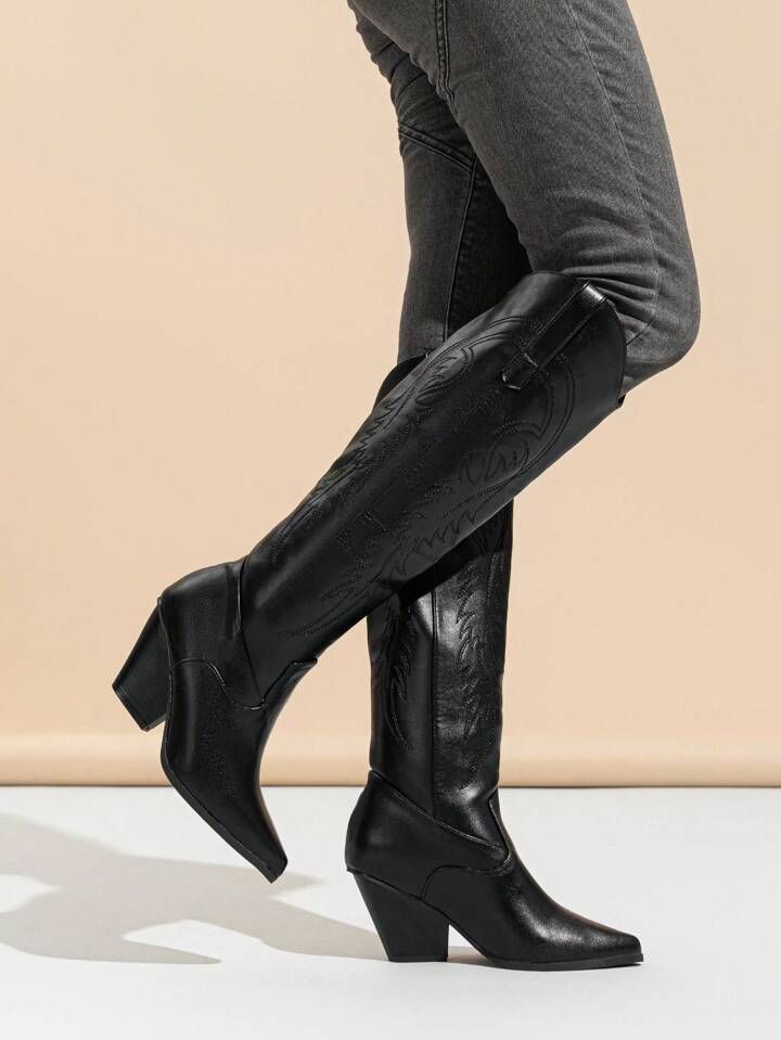 Women Minimalist Slip On Western Boots, Chunky Heeled Fashion Boots | SHEIN