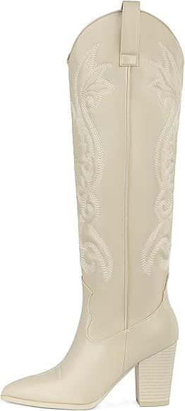 WIRALOMI Women Western Knee High Boots Embroidered Chunky Block Heel Cowboy Boots Pointed Toe Pul... | Amazon (US)