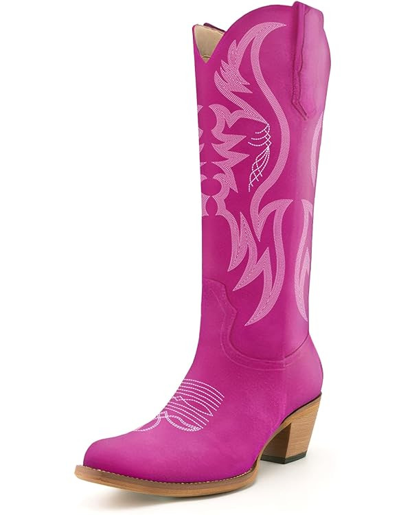 KaroNairy Women Cowboy Boots Faux Suede Embroidered Pointed Thick Heeled Western Wide Calf Cowgir... | Amazon (US)