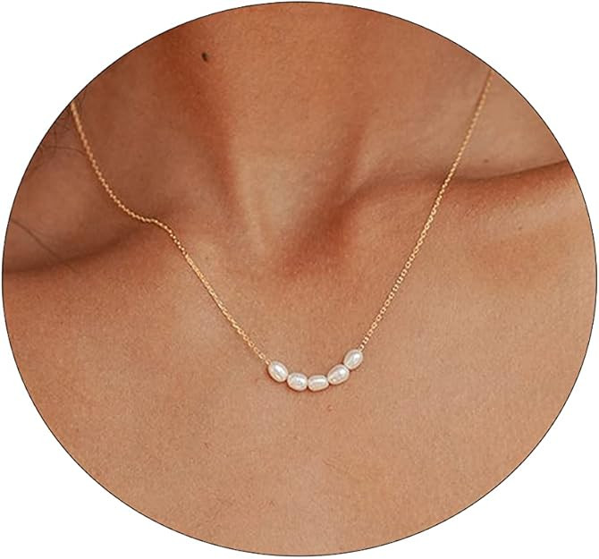 CAROVO Dainty Pearl Pendant Necklaces for Women 14k Gold Plated Barque Pearl Chain Necklace Delic... | Amazon (US)