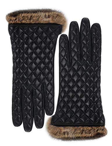 VIKIDEER Winter Warm Cashmere Lining Rabbit Fur Cuffs Leather Gloves for Women Touchscreen Black Large | Amazon (US)