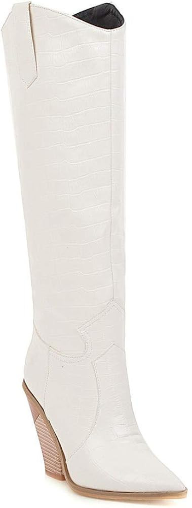 Women's Chunky High Heel Knee High Boots Western Leather Cowgirl Combat Booties Pull On Work Shoe... | Amazon (US)
