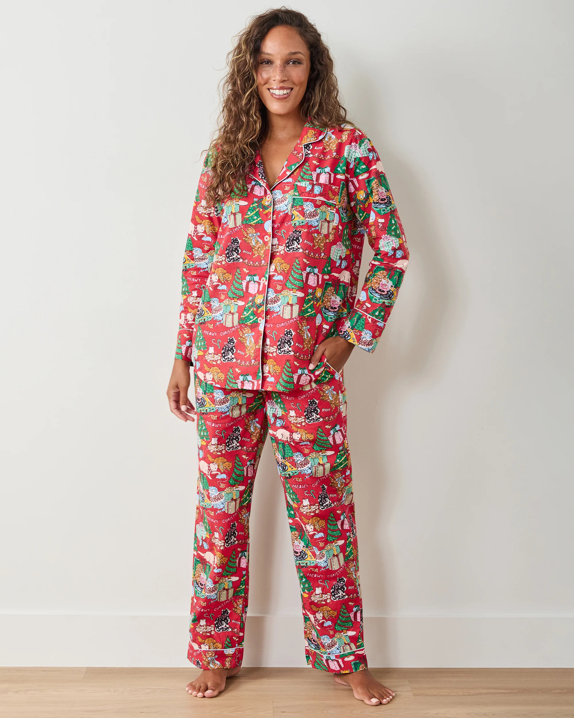 Meowy Christmas - Long PJ Set - Red Bow | Printfresh