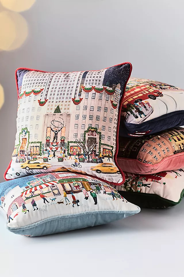 Holiday In The City Printed Cotton Pillow | Anthropologie (US)