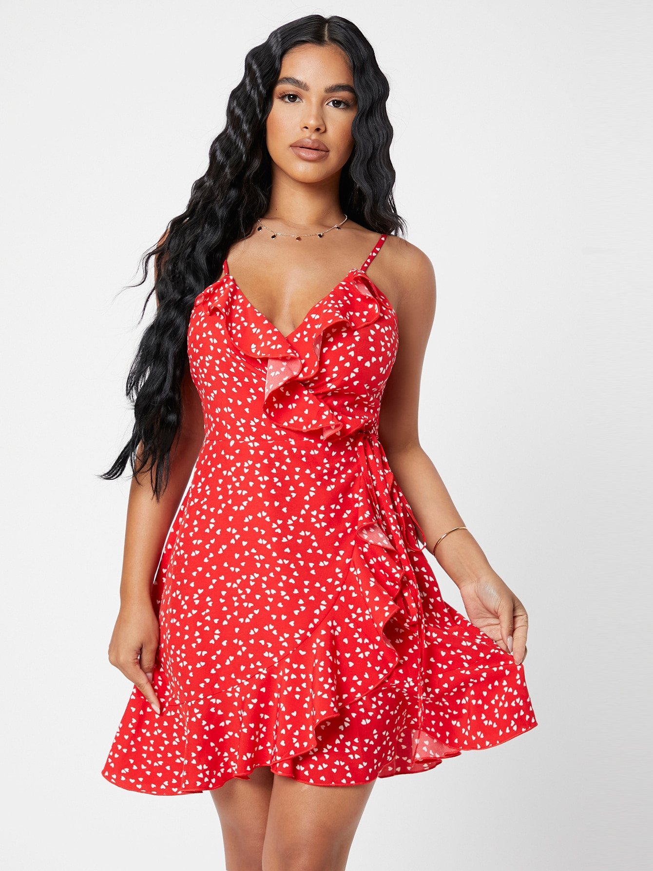 SHEIN PETITE Allover Heart Ruffle Trim Wrap Cami Dress | SHEIN USA | SHEIN