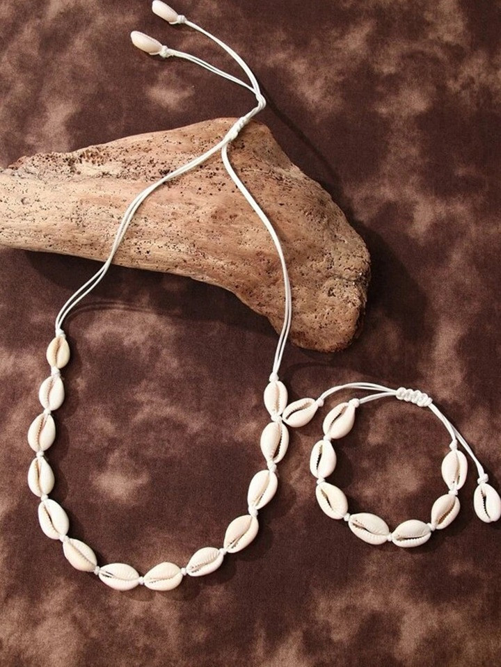 1 Set Original Design Natural Seashells Necklace & Bracelet, Knit Chain & Rope, Adjustable Choker... | SHEIN