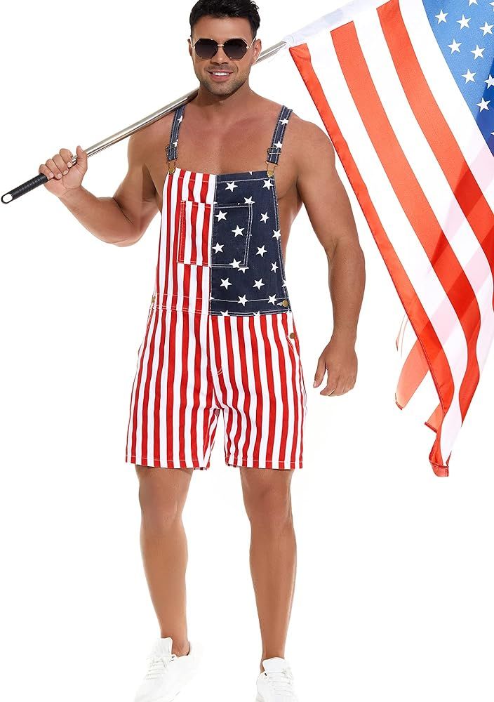 American Flag Overalls Bib Denim Shorts Jean Romper Casual Workout Summer Adjustable Strap Jumpsu... | Amazon (US)