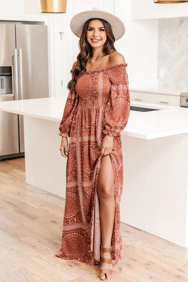 Sounds In My Mind Brick Smocked Bust Off The Shoulder Printed Maxi Dress | Pink Lily