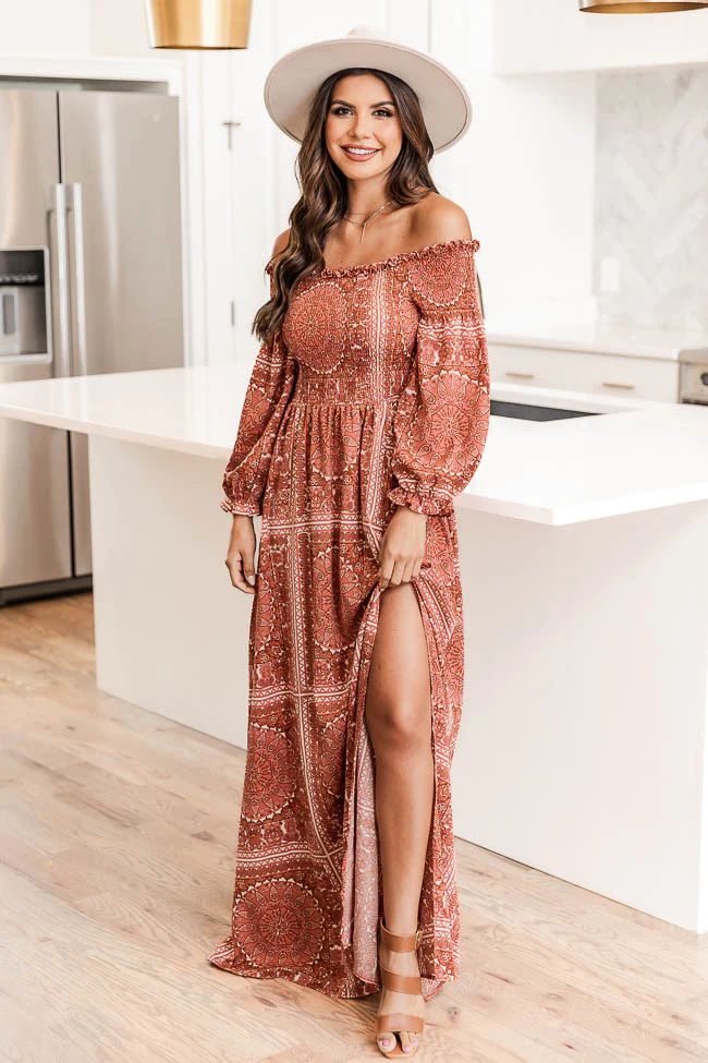 Sounds In My Mind Brick Smocked Bust Off The Shoulder Printed Maxi Dress | Pink Lily