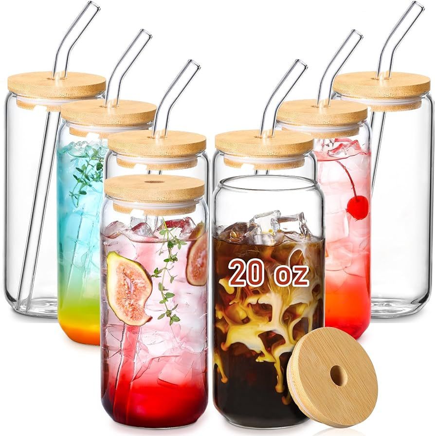 VITEVER 8 Pack 20 OZ Glass Cups with Bamboo Lids and Glass Straw - Beer Can Shaped Drinking Hurri... | Amazon (US)