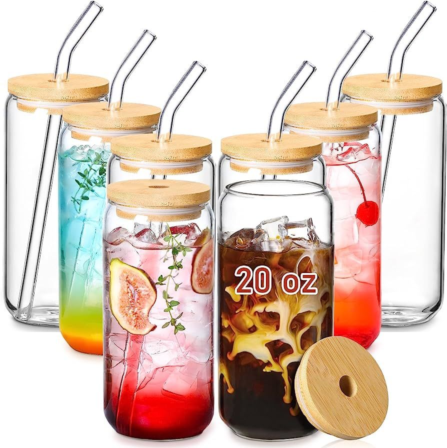 VITEVER 8 Pack 20 OZ Glass Cups with Bamboo Lids and Glass Straw - Beer Can Shaped Drinking Hurri... | Amazon (US)