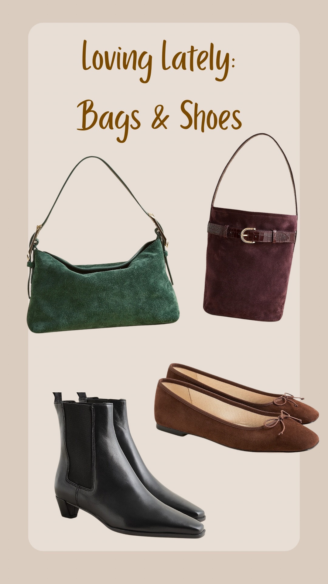 J.Crew Classic accessories that elevate even the simplest outfit.
Green suede hand bag, brown suede bucket bag, black booties, brown suede ballet flats

#LTKootd #LTKOver40 #LTKTall