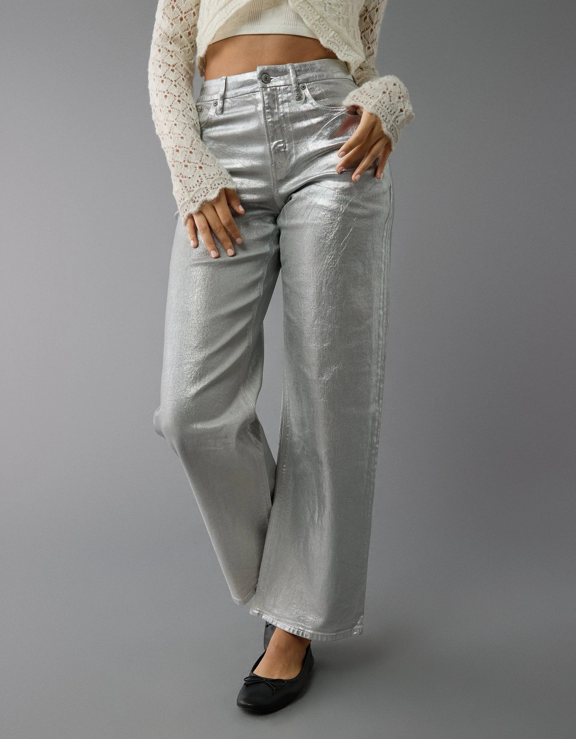 AE Stretch Curvy Metallic Super High-Waisted Baggy Straight Jean | Shop Simon