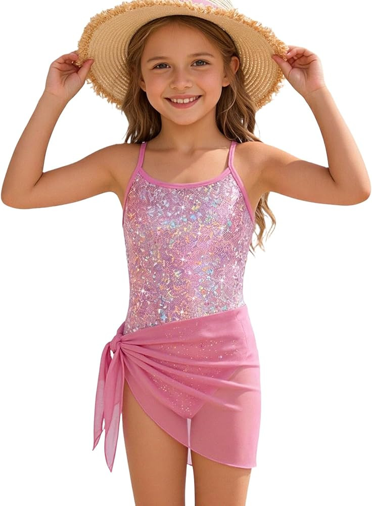 Girls One Piece Swimsuit Cute Swimsuit Girl Sparkle Swimwear Beach Bathing Suit Cover Up Skirt Ad... | Amazon (US)