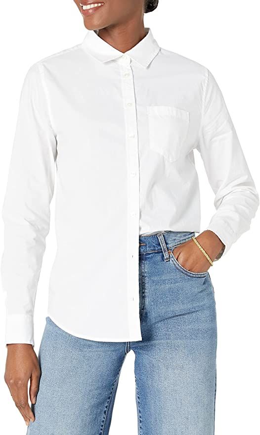 Amazon Essentials Women's Classic-Fit Long Sleeve Button Down Poplin Shirt, White, S | Amazon (US)
