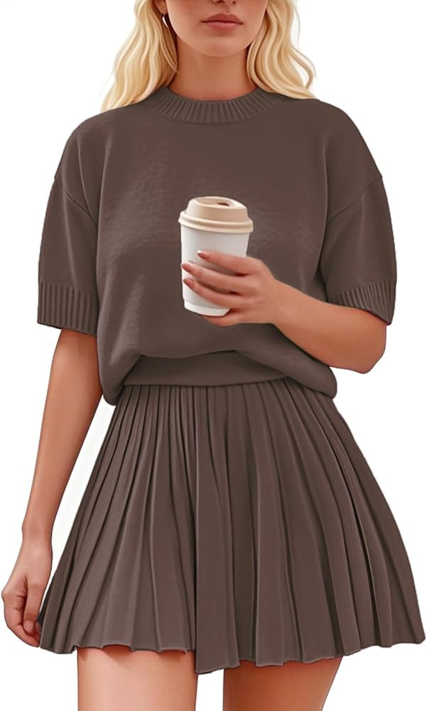 Womens 2 Piece Outfits Short Sleeve Crewneck Knit Tops And Pleated Mini Skirt Two Piece Sets | Amazon (US)