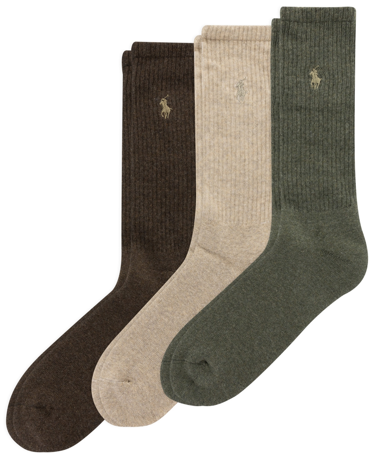 Polo Ralph Lauren 3 Pack Ribbed Cushion Foot Crew Men's Socks - Olive/Beige/Brown | Macy's
