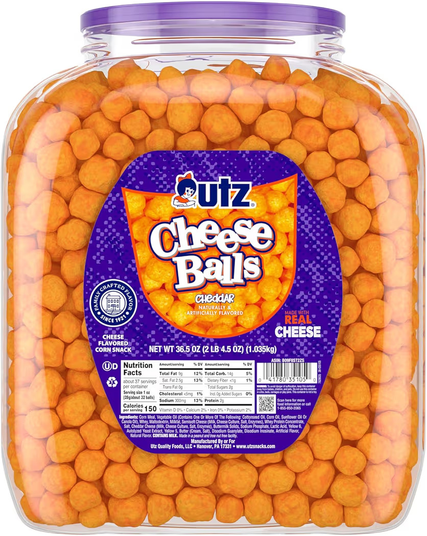 Utz Cheese Balls Barrel, Tasty Snack Baked with Real Cheddar Cheese, Delightfully Poppable Party ... | Amazon (US)