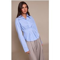 Blue Pleated Cinched Waist Striped Shirt | PrettyLittleThing UK