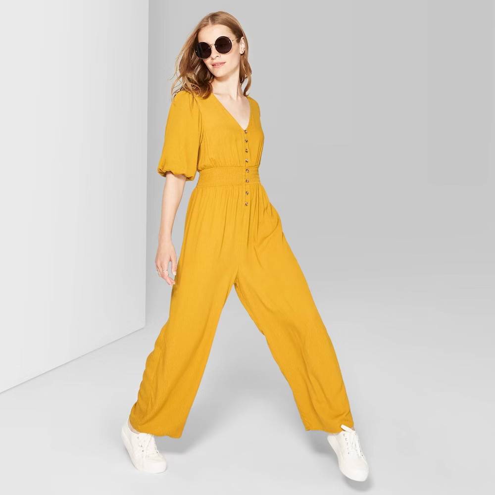 Women's Balloon Short Sleeve V-Neck Button Front Jumpsuit - Wild Fable Mustard M, Yellow | Target