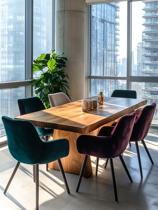 Create this modern, bold, and ultra-glamorous dining moment with one simple foundation: a natural wooden table. The magic happens when you surround it with mix-and-match velvet dining chairs in rich, sophisticated tones. Emerald green, burgundy, taupe, ivory, brown, charcoal, even black—these colors don’t need to match perfectly. In fact, the contrast is what makes this look feel designer, intentional, and effortlessly elevated.

This is a perfect example of modern dining room decor that feels curated rather than staged. The wooden table keeps the space grounded and timeless, while the velvet chairs add softness, luxury, and personality. Different chair shapes, heights, and silhouettes work beautifully together, creating a boutique-style dining setup that feels collected over time. Add a simple plant or statement greenery in the corner to bring balance, warmth, and life into the space.

This setup works just as beautifully in a small apartment dining area, a high-rise condo, or an open-concept home. Sunlight during the day highlights the textures and colors, while evening lighting turns it into a cozy, glamorous dining experience. It’s proof that you don’t need a large table or matching furniture to create impact—just thoughtful contrasts and rich materials.

Natural wood meets velvet glamour. Simple, bold, and undeniably beautiful—day or night.

#ModernDiningRoom #VelvetDiningChairs #LuxuryHomeDecor 

 #LTKHome