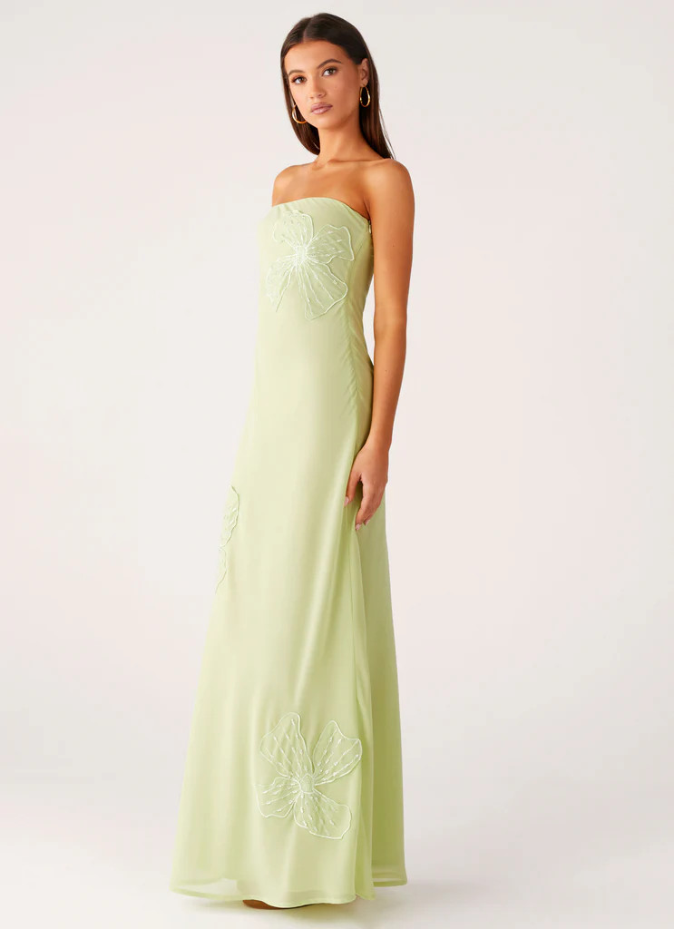 Sassafras Beaded Flower Strapless Maxi Dress - Lime | Peppermayo (Global)