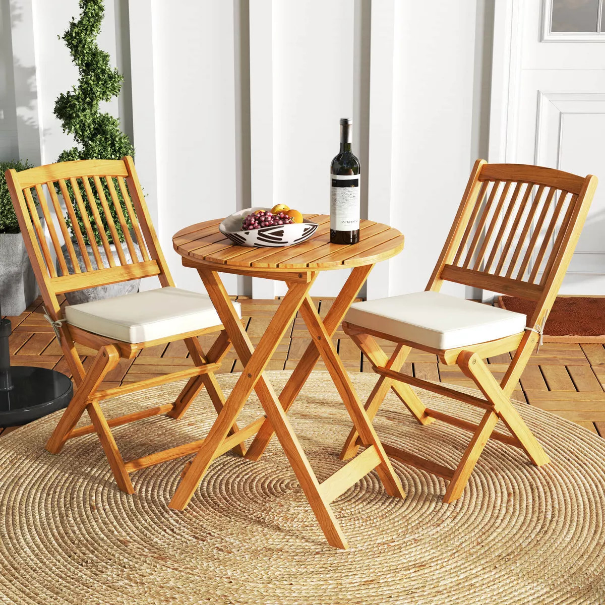 Costway 3 PCS Acacia Wood Patio Bistro Set Folding Table & Chairs Set with Cushions Beige/Navy | Target