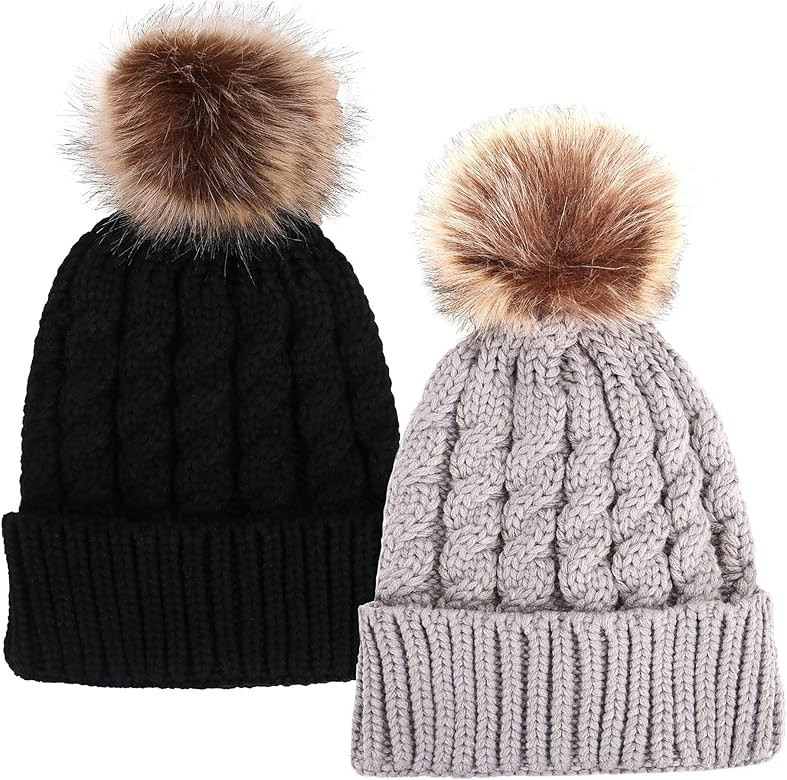 Womens Winter Hand Knit Faux Fur Pompoms Beanie Hat | Amazon (US)