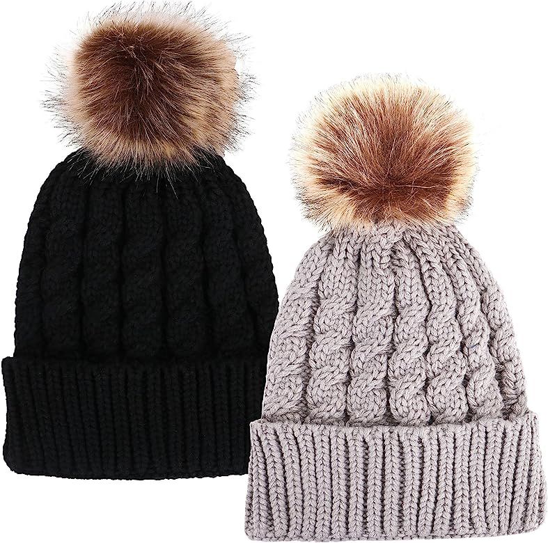 Womens Winter Hand Knit Faux Fur Pompoms Beanie Hat | Amazon (US)