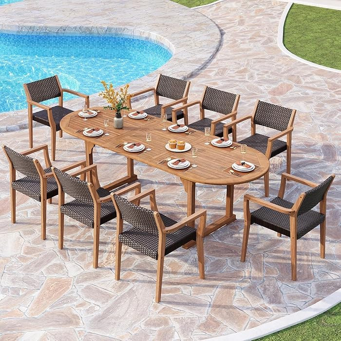 PHI VILLA 9 Pieces Acacia Wood Outdoor Dining Set for 8, Expandable Teak Wooden Table & Chairs, L... | Amazon (US)