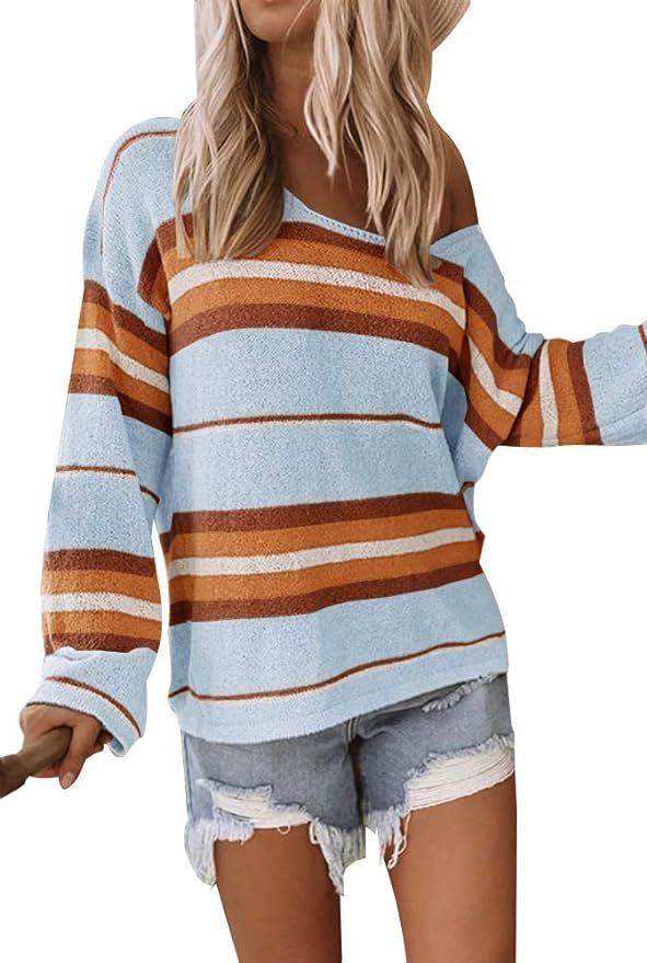 ETCYY NEW Womens Oversized Pullover Sweater Colorblock Rainbow Striped Casual Long Sleeve Loose K... | Amazon (US)