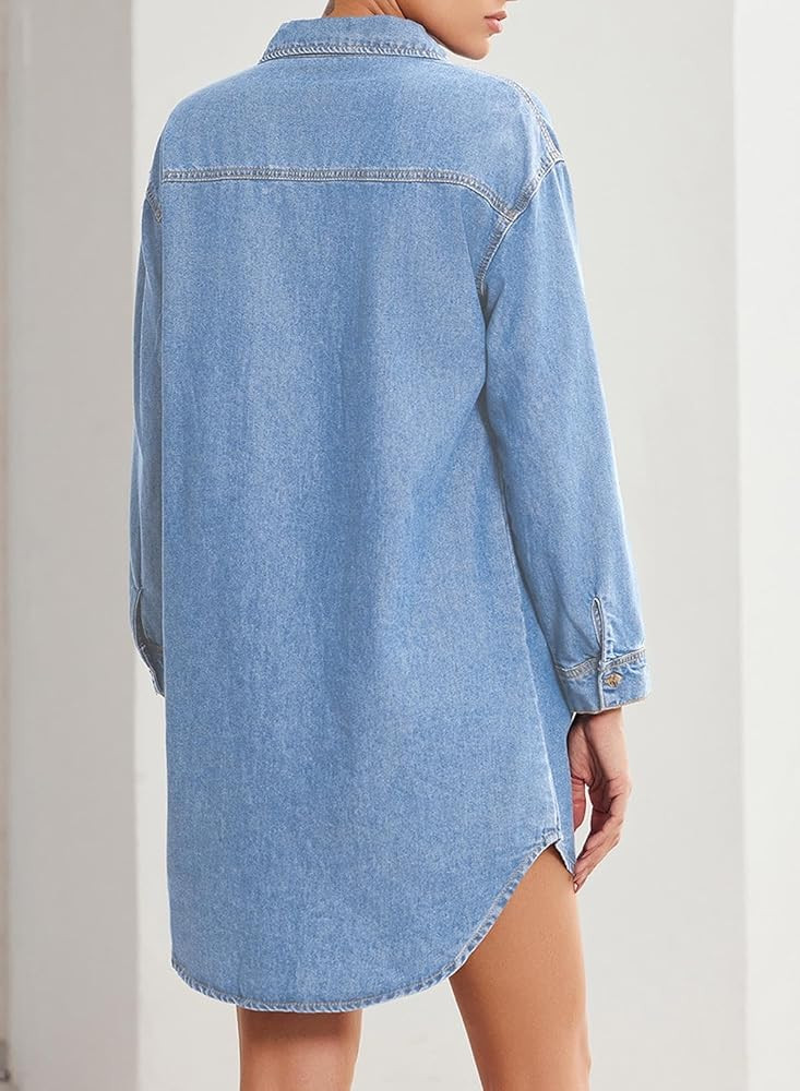 Sidefeel Women's Collared Denim Dress Casual Long Sleeve Button Down Jean Shirt Dresses with Pock... | Amazon (US)