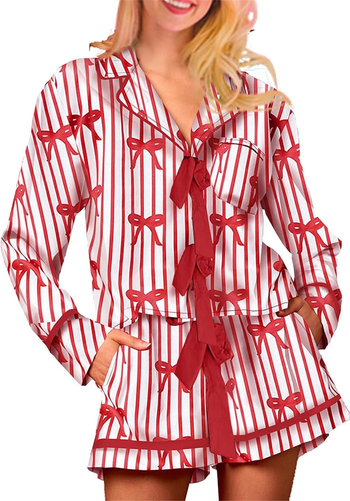 Thopavenoir Women Pajamas Set Bow Tie Long Sleeve Shirts + Ruffle Shorts 2 Piece Lounge Sets Slee... | Amazon (US)