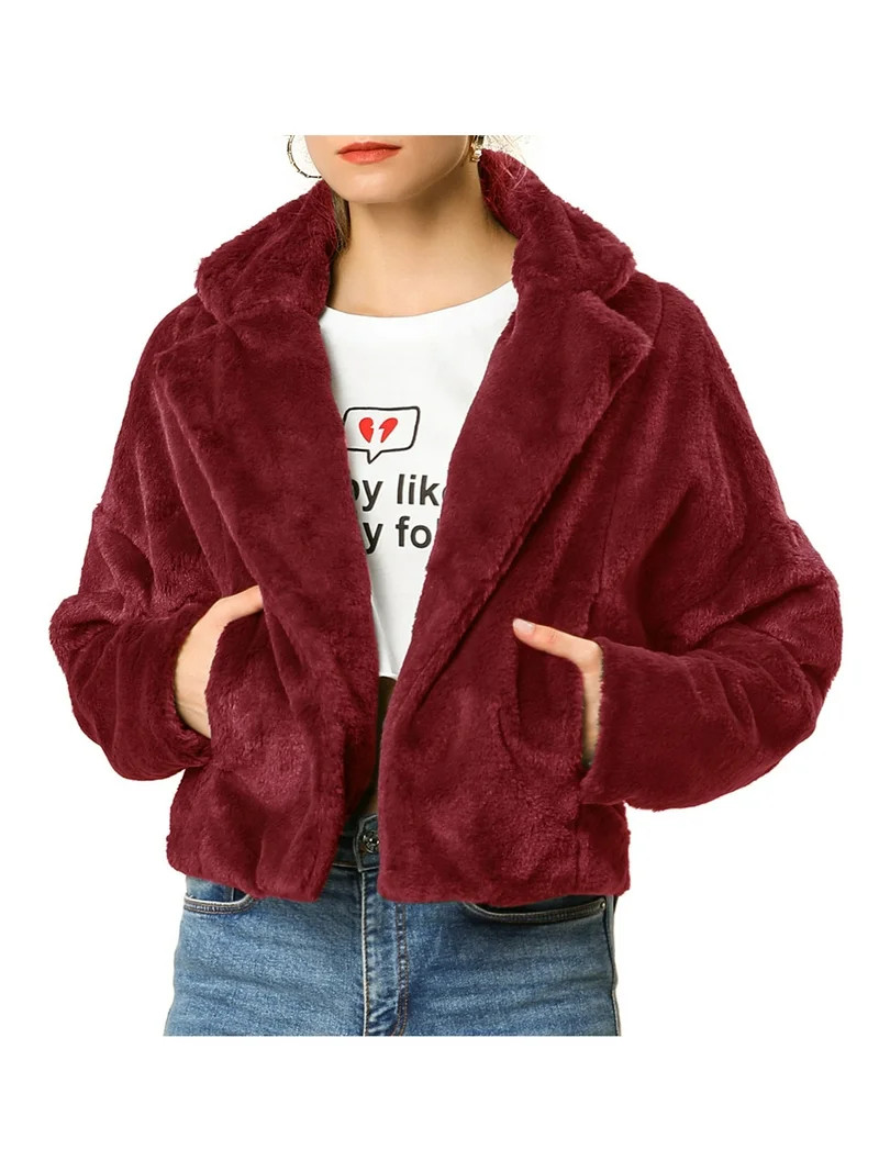 MODA NOVA Juniors Winter Fashion Loose Faux Fur Coat Crop Jacket Burgundy XL | Walmart (US)