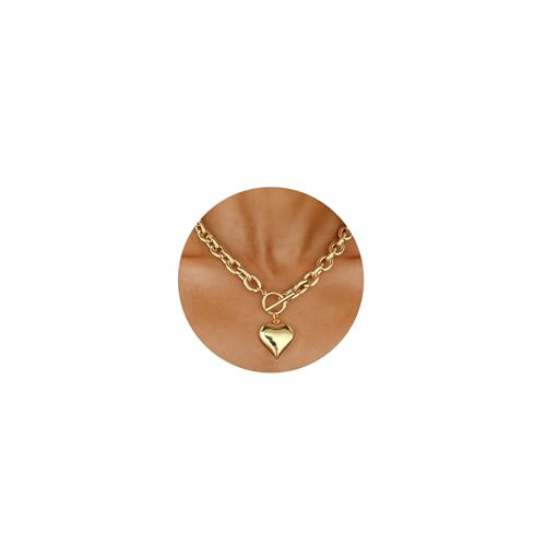 WOWORAMA Chunky Heart Necklace for Women Polished Gold Chunky Chain Necklace Big Puffy Heart Pendant Choker Necklace OT Toggle Clasp | Amazon (US)