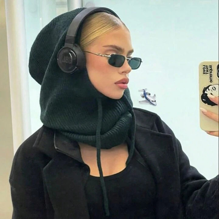 1pc Women's Black Wool Beret Cap With Drawstring Collar Shawl Cap Outdoor Knitted Face Neck Prote... | SHEIN