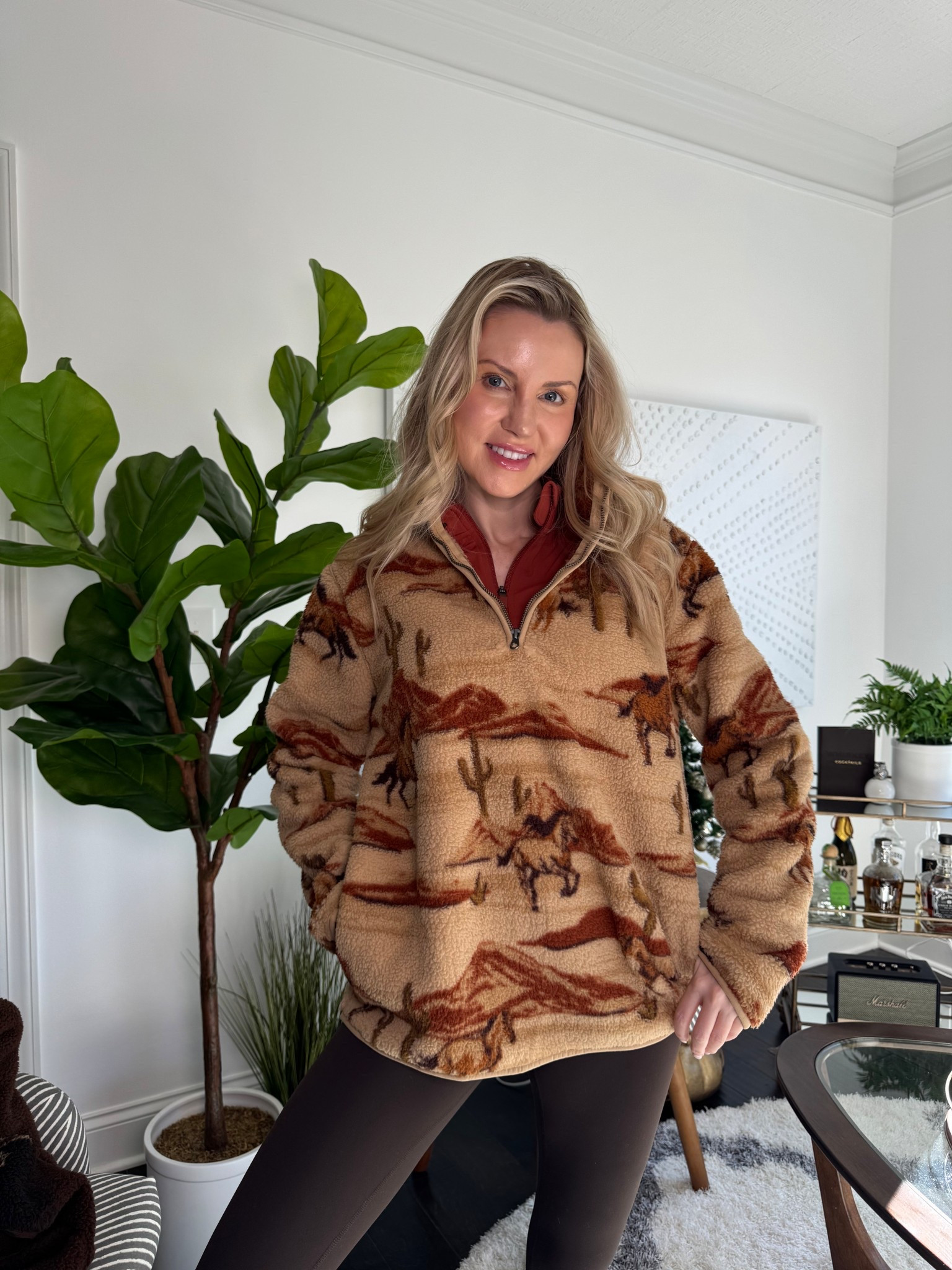 Sherpa quart zip pull over, brown leggings, activewear 

#LTKFindsUnder50 #LTKootd #LTKActive