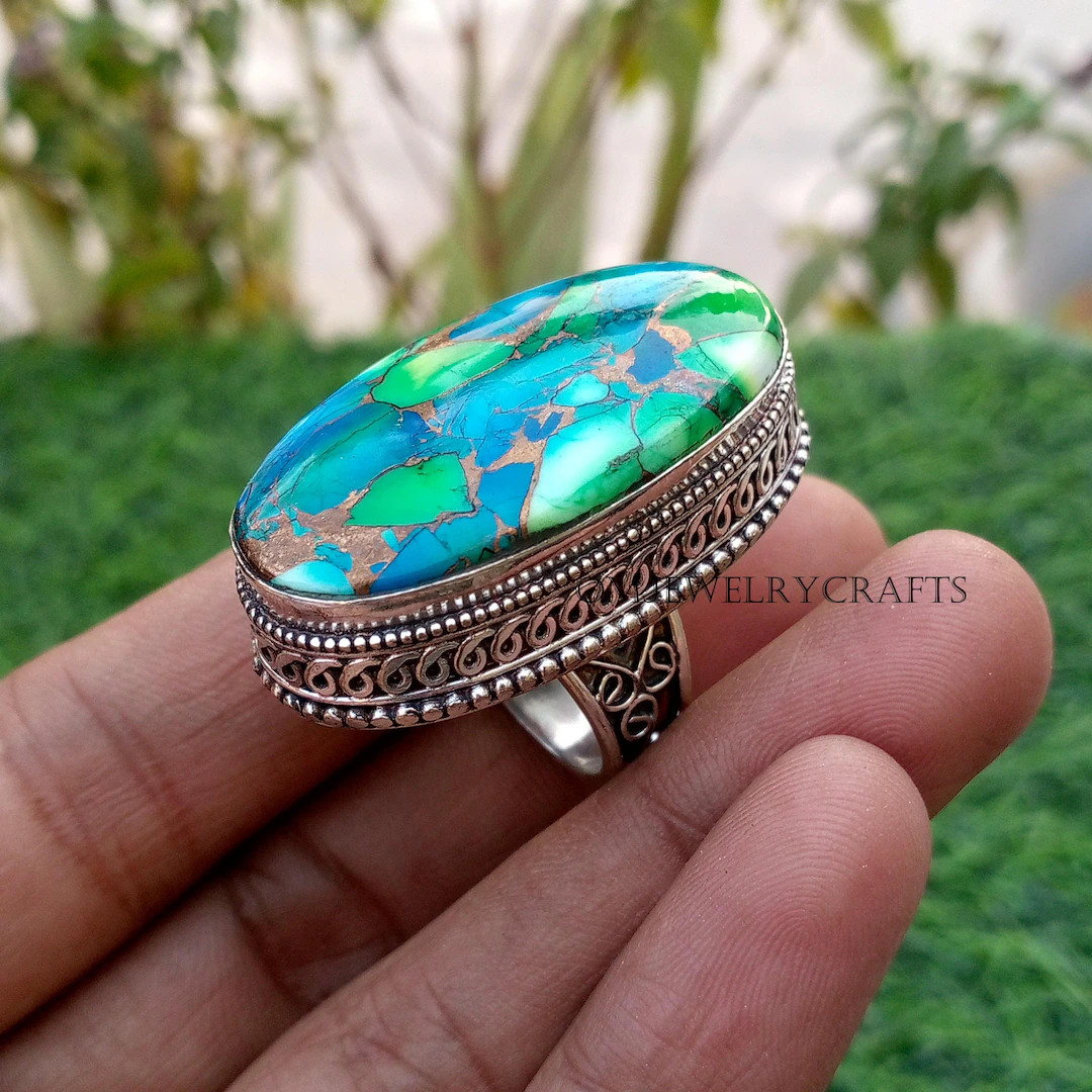 Peacock Dahlia Turquoise Ring – 925 Sterling Silver Floral Statement Ring, Handmade Boho Jewelr... | Etsy (US)