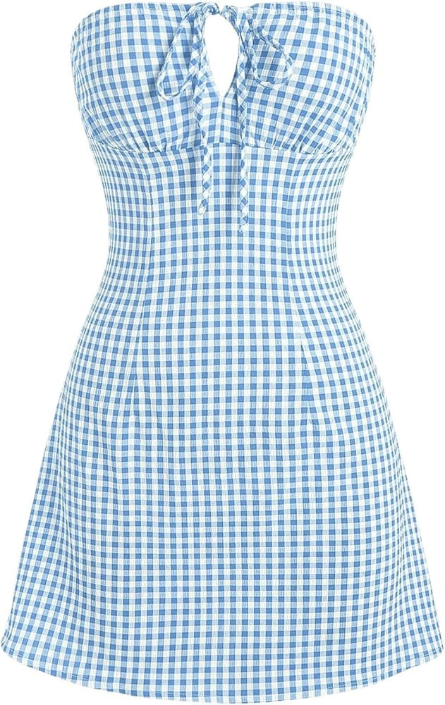 Floerns Women's Gingham Print Strapless Tube Dress Tie Front A Line Boho Dresses | Amazon (US)