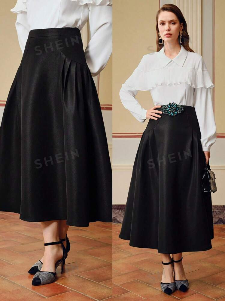 MOTF Zeylah SOLID FOLD PLEATED FLARE HEM SKIRT WITHOUT BELT | SHEIN | SHEIN