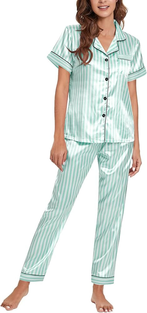 Women's Striped Silk Pjs Short Sleeve Pajamas Set 2 Piece Satin Sleepwear Loungewear | Amazon (US)