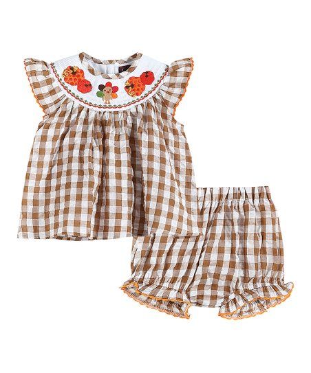 Lil Cactus Brown Gingham Turkey Smocked Angel-Sleeve Top & Bloomers - Infant & Toddler | Zulily