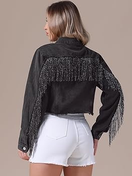 Women's Cropped Jean Jackets Long Sleeve Tassel Trim Frayed Hem Fringe Denim Jacket | Amazon (US)