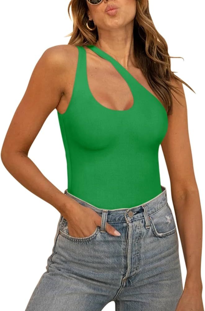 REORIA Women’s Sexy Plunge One Shoulder Sleeveless V Backless Going Out Tank Bodysuits Tops | Amazon (US)